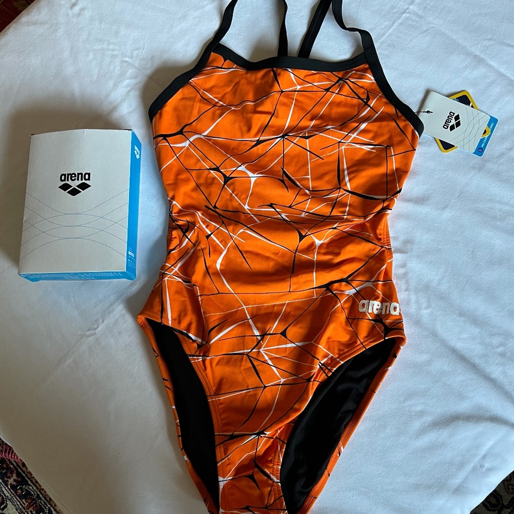 Arena, one-piece swim suit, orange with black print